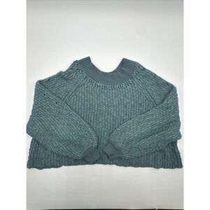 Free People Chunky Teal Cropped Baggy Sweetheart Sweater Mock Neck Cozy Women M